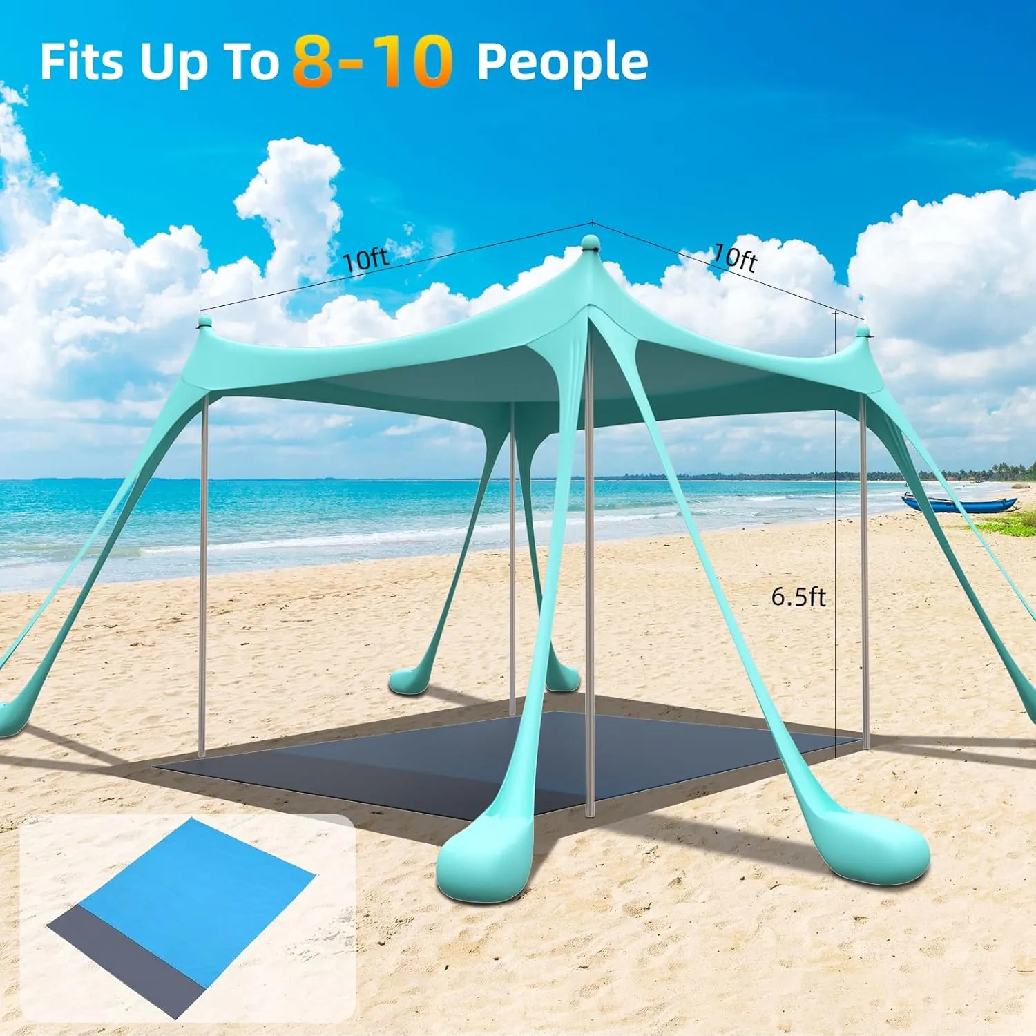 Beach Tent, Camping Sun Shelter with Mat, 2 Sand Shovels, 8 Sandbags, Ground Pegs & Stability Poles, UPF50  Outdoor Shade Canopy for Camping, Fishing or Picnics