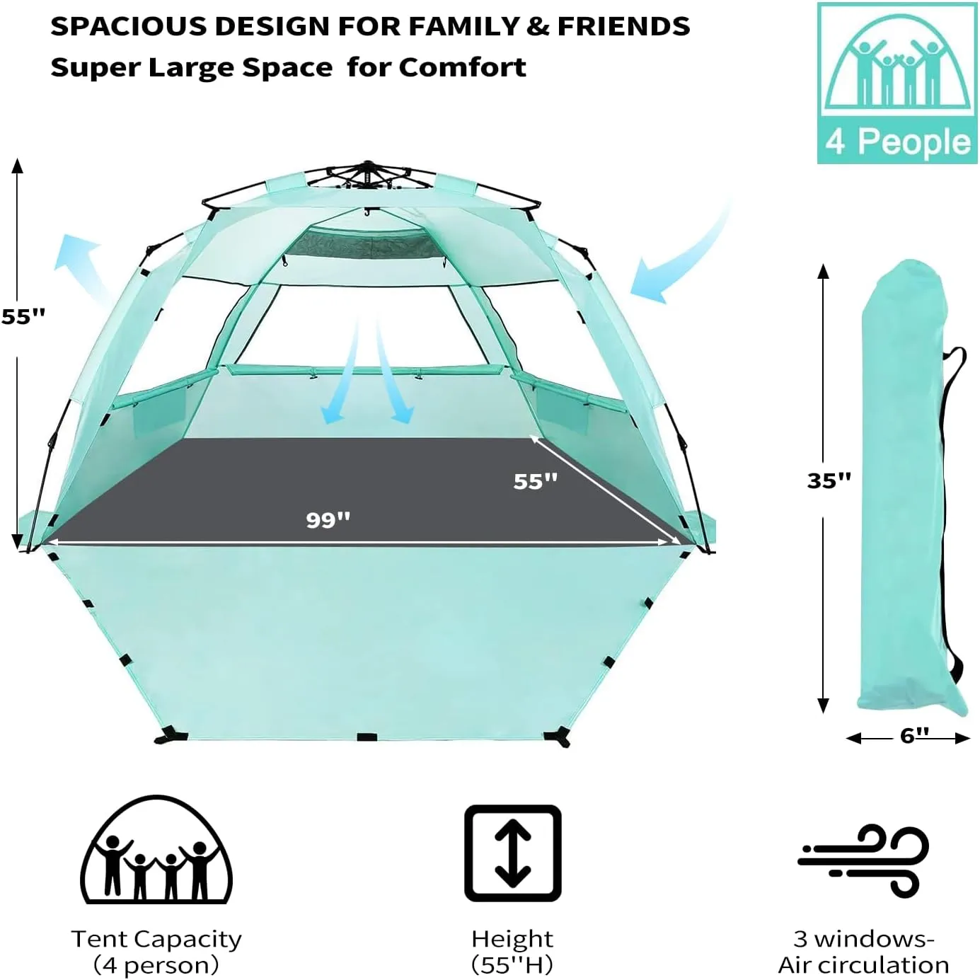 Beach Tent for 3-4 People, Pop-Up Beach Tent Automatic Setup, UV Protection, Extendable Floor, Ventilating Windows, Portable Outdoor Sun Shelter, Green