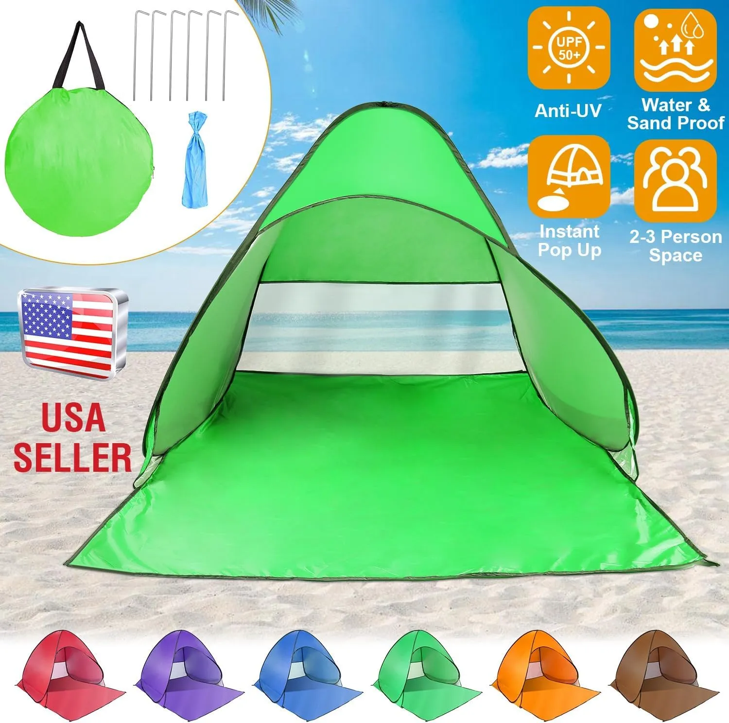 Beach Tent Pop Up Beach Tent Sun Shade Shelter Anti-UV Automatic Waterproof Tent Canopy for 2-3 Person w/Net Window Storage Bag for Outdoor Beach Camping Fishing Park