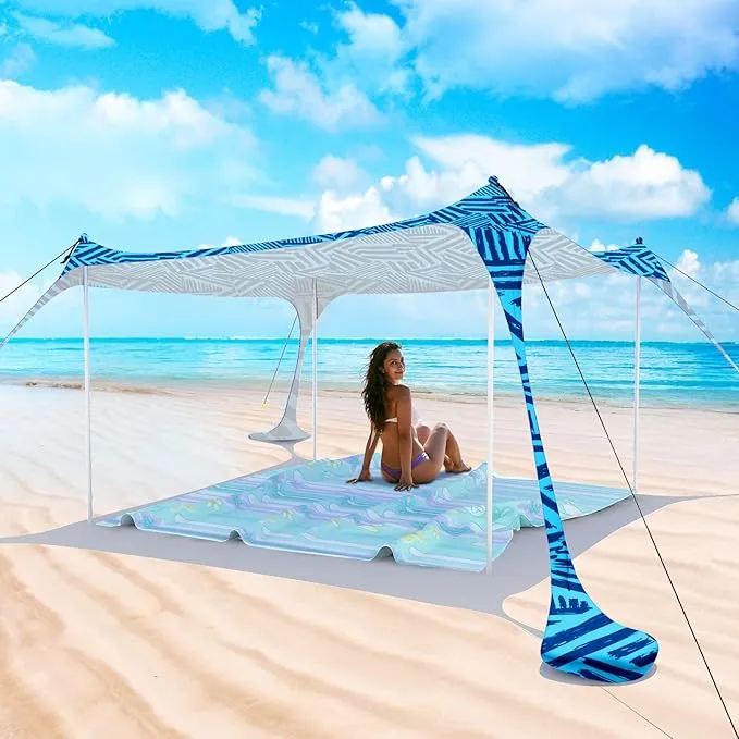 Beach Tent Pop Up Sun Shade Canopy Sun Shelter UPF50  with 4 Stability Poles/Carry Bag/Ground Pegs/Sand Shovel/Windproof Ropes Portable Outdoor Family Sunshade for Beach Camping Fishing Picnic
