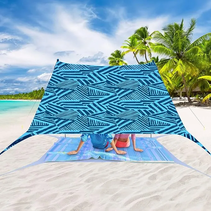 Beach Tent Pop Up Sun Shade Canopy Sun Shelter UPF50  with 4 Stability Poles/Carry Bag/Ground Pegs/Sand Shovel/Windproof Ropes Portable Outdoor Family Sunshade for Beach Camping Fishing Picnic