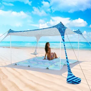 Beach Tent Pop Up Sun Shade Canopy Sun Shelter UPF50  with 4 Stability Poles/Carry Bag/Ground Pegs/Sand Shovel/Windproof Ropes Portable Outdoor Family Sunshade for Beach Camping Fishing Picnic