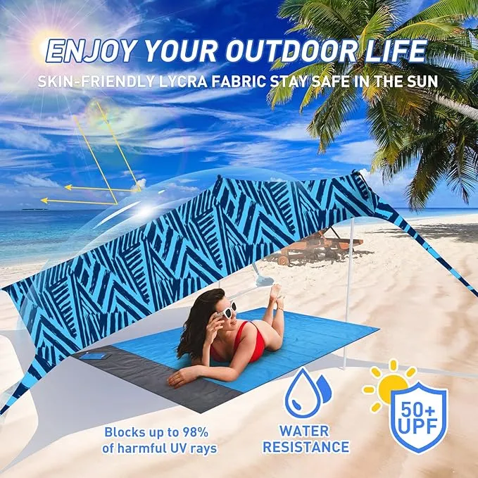Beach Tent Pop Up Sun Shade Canopy Sun Shelter UPF50  with 4 Stability Poles/Carry Bag/Ground Pegs/Sand Shovel/Windproof Ropes Portable Outdoor Family Sunshade for Beach Camping Fishing Picnic