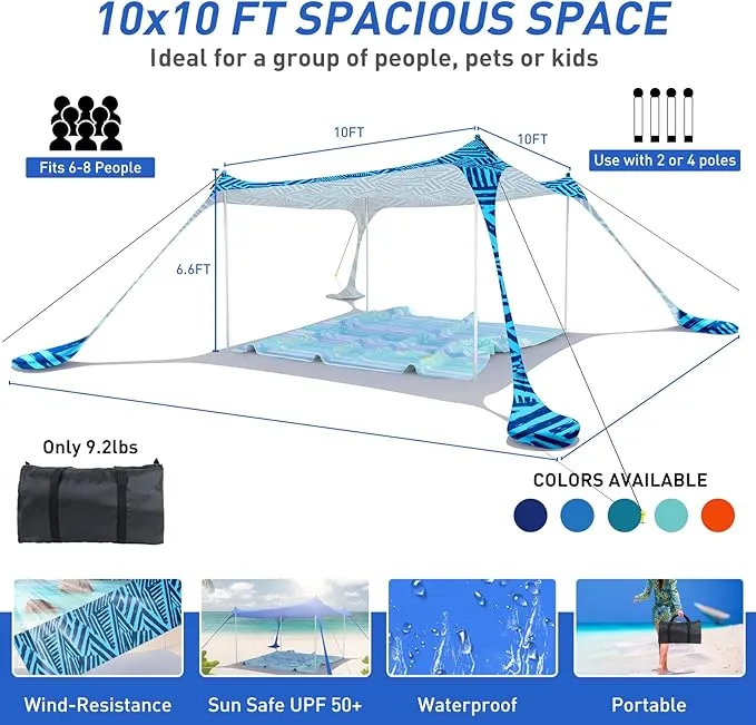 Beach Tent Pop Up Sun Shade Canopy Sun Shelter UPF50  with 4 Stability Poles/Carry Bag/Ground Pegs/Sand Shovel/Windproof Ropes Portable Outdoor Family Sunshade for Beach Camping Fishing Picnic
