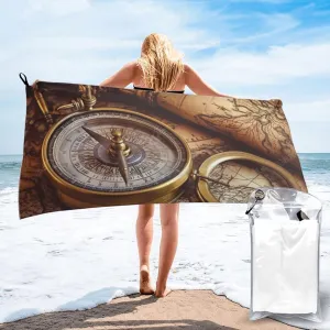 Beach Towel Sand Free Quick Dry Towel Microfiber Oversized Compass and Old World Map Travel Towel 27.5"X55" Absorbent Bath Towel Compact Towel Blanket for Women Men Camping Swim Sports