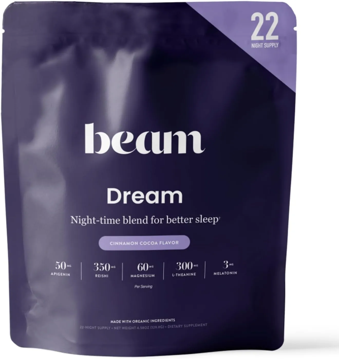 Beam Dream Sleep Powder, Natural Sleep Aid and Magnesium Hot Cocoa Drink for Adults, Calming Sleep Supplement with Apigenin, Nighttime Sleep Drink Powder, Third Party Tested Supplement, 22 Servings