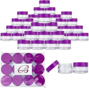 Beauticom 20G/20ML Clear Round Sample Container Jars with Purple Lids for Lotion, Creams, Toners, Lip Balms, Cosmetic, Makeup - BPA Free (48 Pieces)