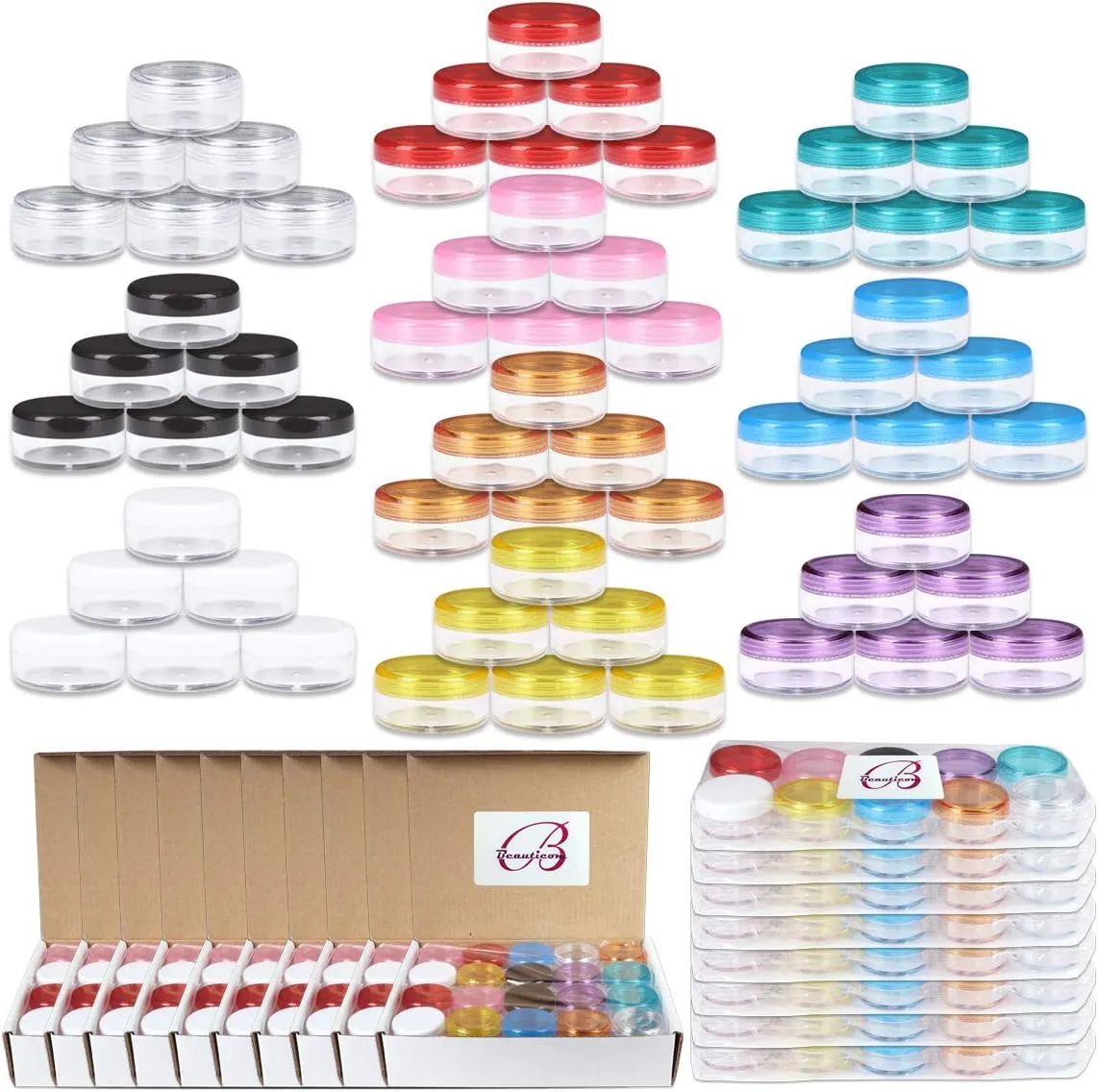 Beauticom® 800 Pieces 5G/5ML Empty Clear Container Jars with MultiColor Lids for Powder Makeup, Cream, Lotion, Lip Balm/Gloss, Cosmetic Samples