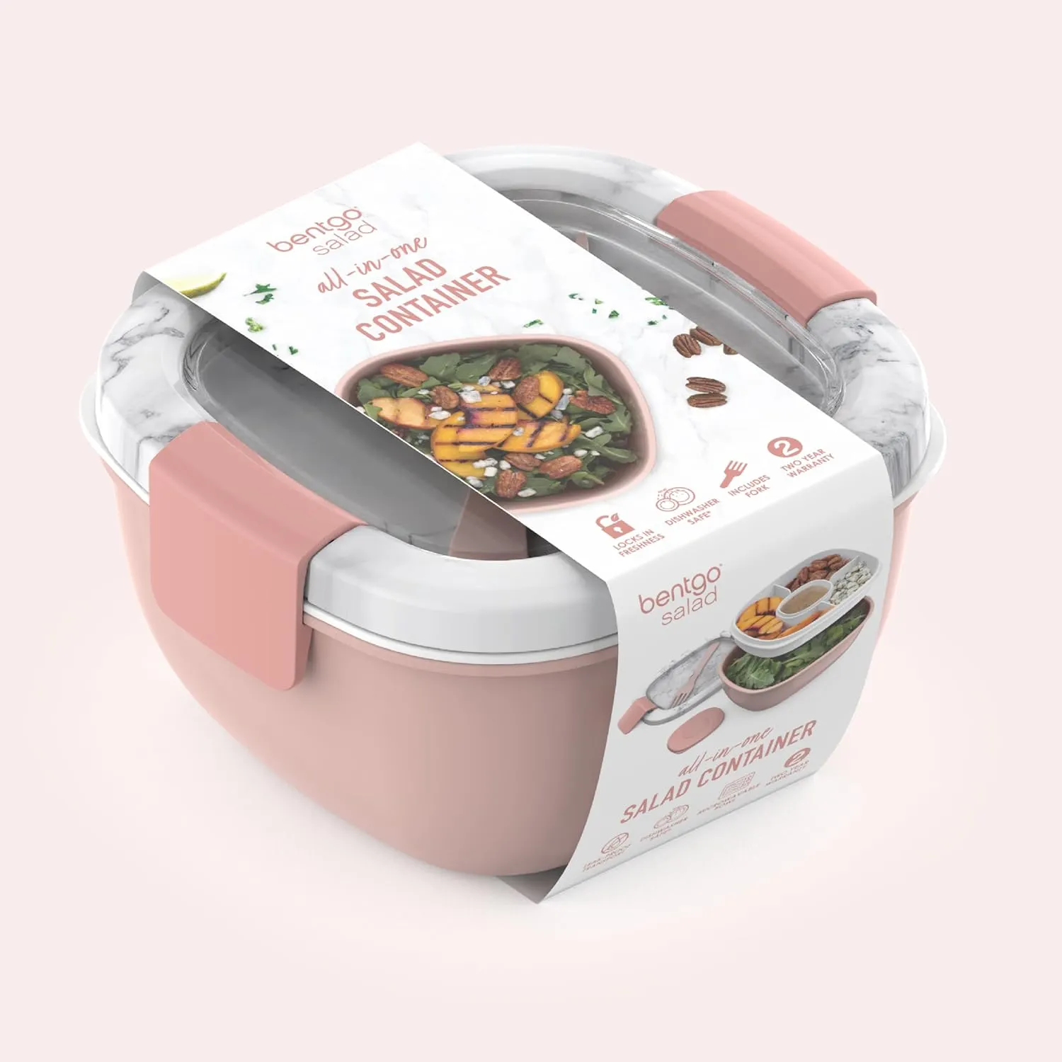 Bentgo Salad Container - 54 oz Bowl with 4-Compartment Toppings Tray, Dressing Container, Reusable Fork, BPA-Free Lunch Box for Meal Prep & Food Storage; Removable Bento Tray (Blush Marble)