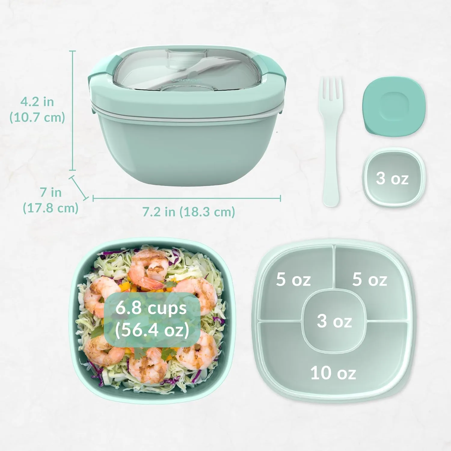 Bentgo Salad Container - 54 oz Bowl with 4-Compartment Toppings Tray, Leak-Proof Dressing Container, Reusable Fork, BPA-Free Lunch Box for Meal Prep & Food Storage; Removable Bento Tray (Coastal Aqua)