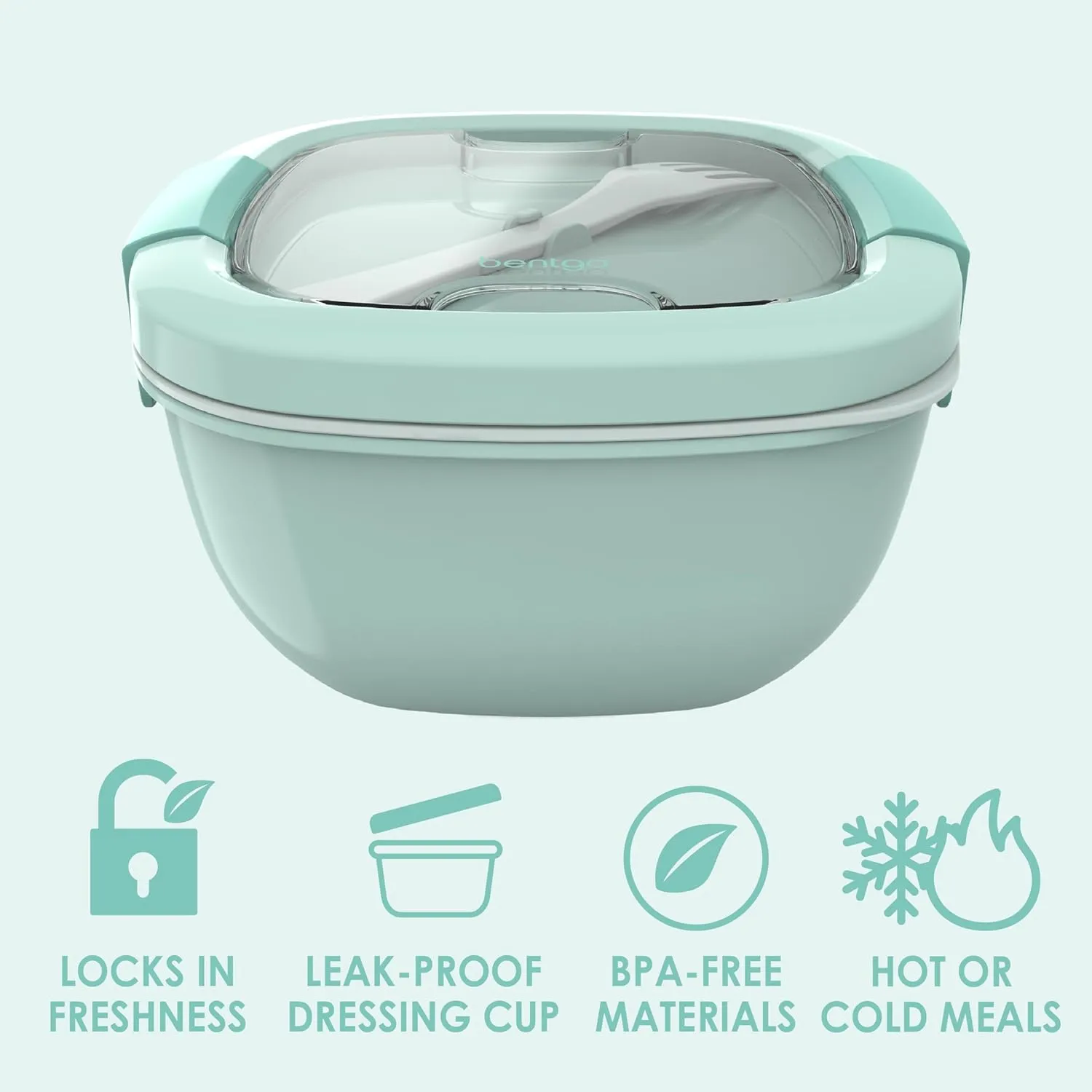 Bentgo Salad Container - 54 oz Bowl with 4-Compartment Toppings Tray, Leak-Proof Dressing Container, Reusable Fork, BPA-Free Lunch Box for Meal Prep & Food Storage; Removable Bento Tray (Coastal Aqua)