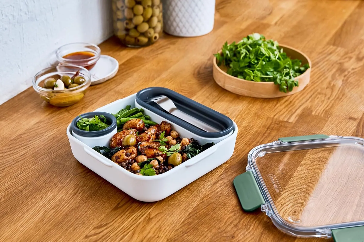 BLACK   BLUM Bento Box Style Compartment Food Container | Packed Lunch Box with Stainless-Steel Travel Fork, Plastic Free Leak-Proof, Microwave Safe | Olive, 34 oz / 1000 ml