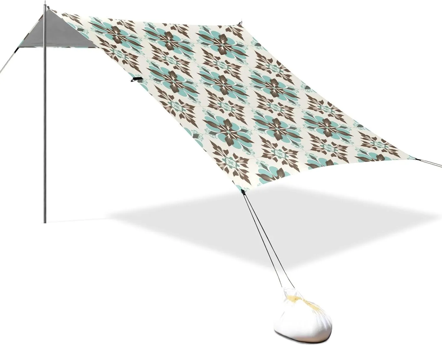 Blue Ceramic Tile Pattern Beach Tent Sun Shelter Set, UPF50  UV Protection 10.5 x 9.19 FT Camping Shade Canopy with Sandbags, Sand Anchors, Carrying Bag, and Others