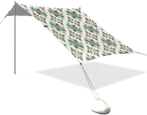 Blue Ceramic Tile Pattern Beach Tent Sun Shelter Set, UPF50  UV Protection 10.5 x 9.19 FT Camping Shade Canopy with Sandbags, Sand Anchors, Carrying Bag, and Others