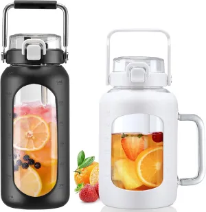 BLUEGO 64oz and 64oz Glass Water Bottles Bundle(64 Black   64 White) with Straw and Lids Handle Large Water Bottle with Sleeve, Half Gallon Water Jug, Glass Water Container, BPA Free