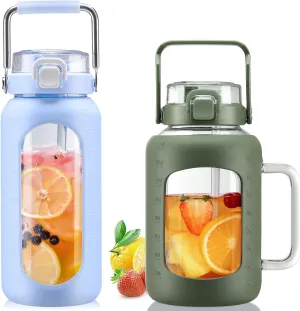 BLUEGO 64oz and 64oz Glass Water Bottles Bundle(64 LBlue   64 Olive) with Straw and Lids Handle Large Water Bottle with Sleeve, Half Gallon Water Jug, Glass Water Container, BPA Free