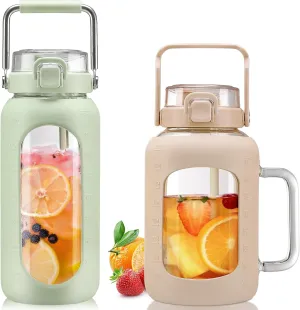 BLUEGO 64oz and 64oz Glass Water Bottles Bundle(64 LGreen   64 Amber) with Straw and Lids Handle Large Water Bottle with Sleeve, Half Gallon Water Jug, Glass Water Container, BPA Free