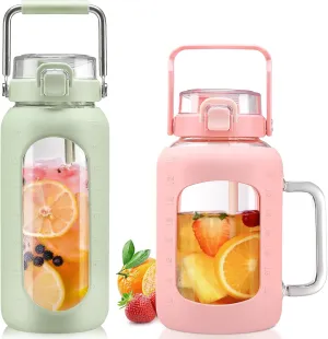 BLUEGO 64oz and 64oz Glass Water Bottles Bundle(64 LGreen   64 Pink) with Straw and Lids Handle Large Water Bottle with Sleeve, Half Gallon Water Jug, Glass Water Container, BPA Free