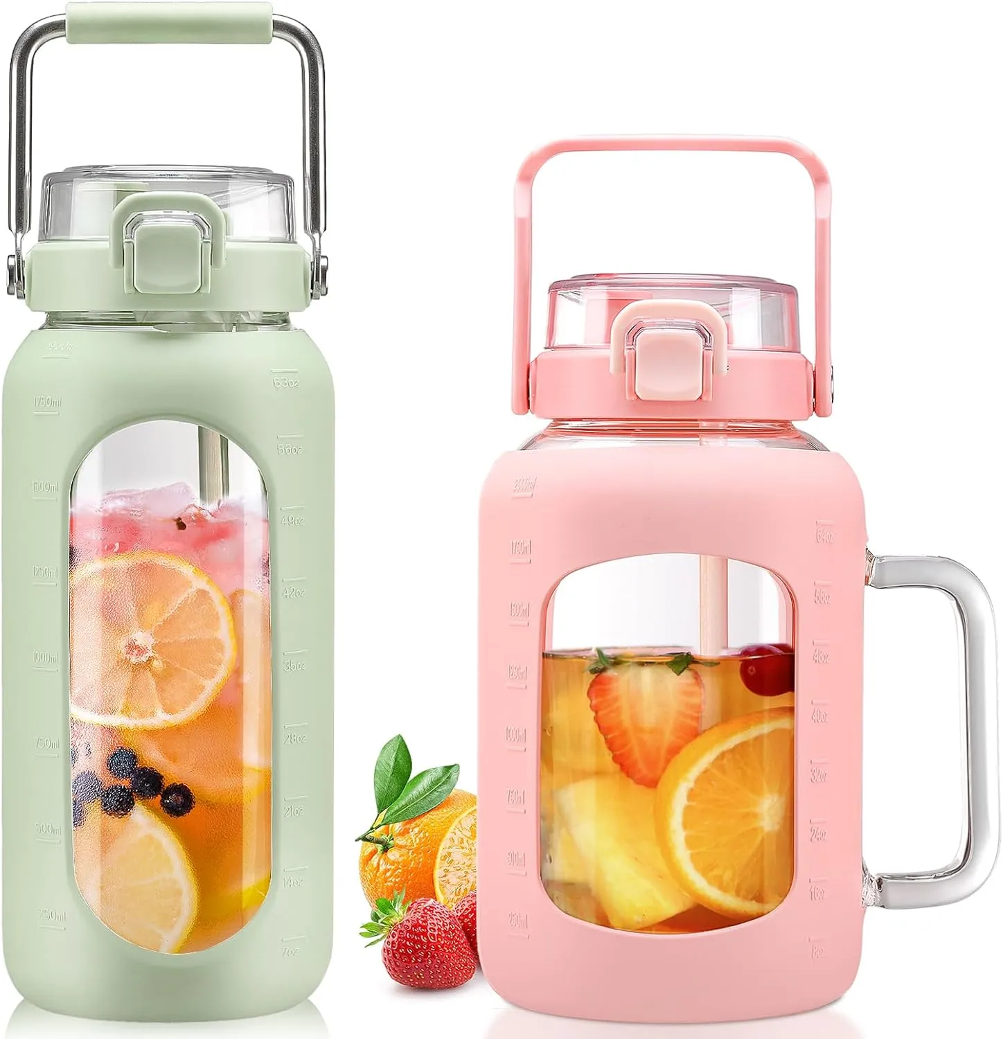 BLUEGO 64oz and 64oz Glass Water Bottles Bundle(64 LGreen   64 Pink) with Straw and Lids Handle Large Water Bottle with Sleeve, Half Gallon Water Jug, Glass Water Container, BPA Free