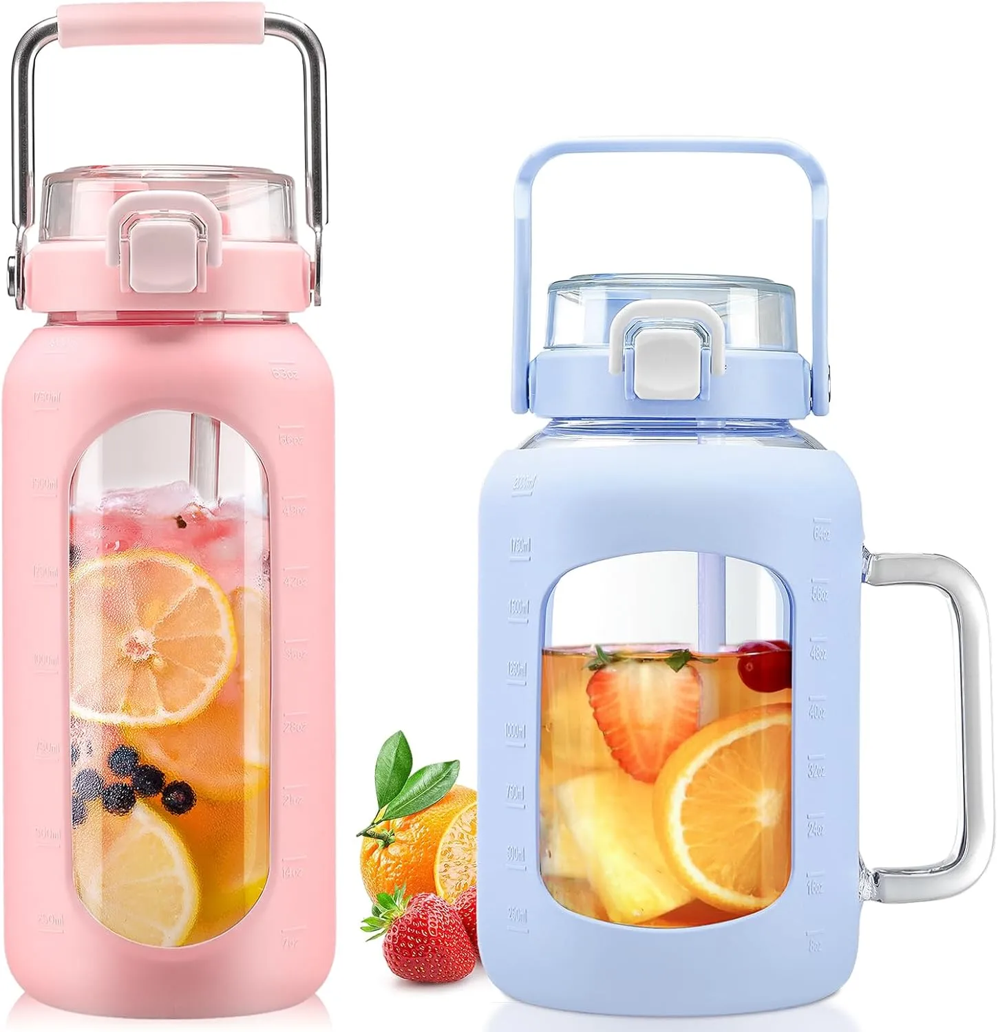BLUEGO 64oz and 64oz Glass Water Bottles Bundle(64 Pink   64 Blue) with Straw and Lids Handle Large Water Bottle with Sleeve, Half Gallon Water Jug, Glass Water Container, BPA Free