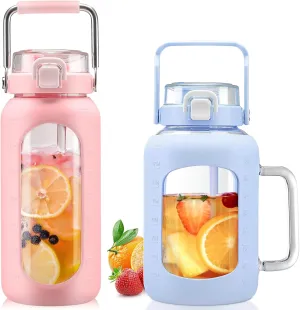BLUEGO 64oz and 64oz Glass Water Bottles Bundle(64 Pink   64 Blue) with Straw and Lids Handle Large Water Bottle with Sleeve, Half Gallon Water Jug, Glass Water Container, BPA Free