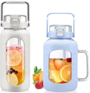 BLUEGO 64oz and 64oz Glass Water Bottles Bundle(64 White   64 Blue) with Straw and Lids Handle Large Water Bottle with Sleeve, Half Gallon Water Jug, Glass Water Container, BPA Free
