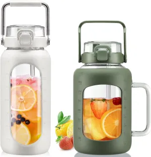 BLUEGO 64oz and 64oz Glass Water Bottles Bundle(64 White   64 Olive) with Straw and Lids Handle Large Water Bottle with Sleeve, Half Gallon Water Jug, Glass Water Container, BPA Free