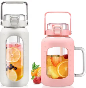 BLUEGO 64oz and 64oz Glass Water Bottles Bundle(64 White   64 Pink) with Straw and Lids Handle Large Water Bottle with Sleeve, Half Gallon Water Jug, Glass Water Container, BPA Free