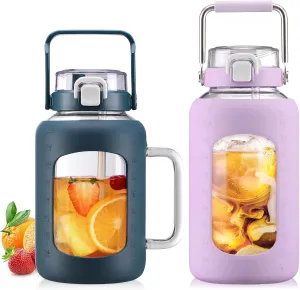 BLUEGO 64oz and 84oz Glass Water Bottles Bundle(64 DBlue   84 Purple) with Straw and Lids Handle Large Water Tumbler with Sleeve, Glass Water Container, 2 Liter Water Jug Glass, BPA Free
