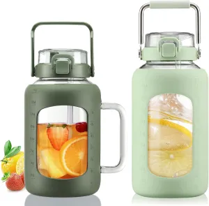 BLUEGO 64oz and 84oz Glass Water Bottles Bundle(64 Olive   84 LGreen) with Straw and Lids Handle Large Water Tumbler with Sleeve, Glass Water Container, 2 Liter Water Jug Glass, BPA Free