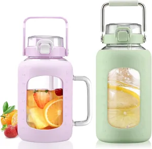 BLUEGO 64oz and 84oz Glass Water Bottles Bundle(64 Purple   84 LGreen) with Straw and Lids Handle Large Water Tumbler with Sleeve, Glass Water Container, 2 Liter Water Jug Glass, BPA Free