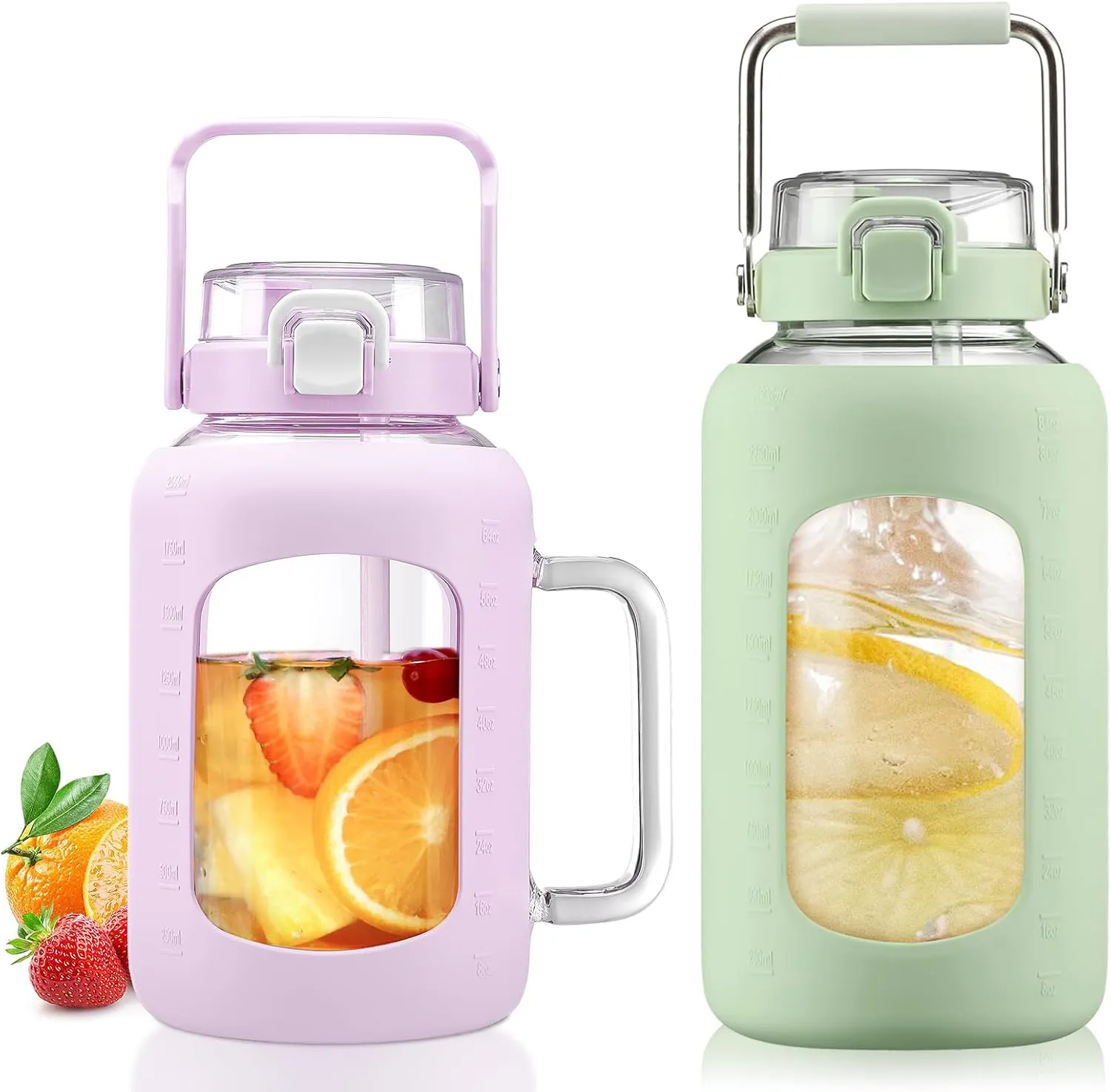 BLUEGO 64oz and 84oz Glass Water Bottles Bundle(64 Purple   84 LGreen) with Straw and Lids Handle Large Water Tumbler with Sleeve, Glass Water Container, 2 Liter Water Jug Glass, BPA Free