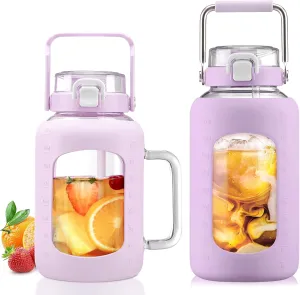 BLUEGO 64oz and 84oz Glass Water Bottles Bundle(64 Purple   84 Purple) with Straw and Lids Handle Large Water Tumbler with Sleeve, Glass Water Container, 2 Liter Water Jug Glass, BPA Free