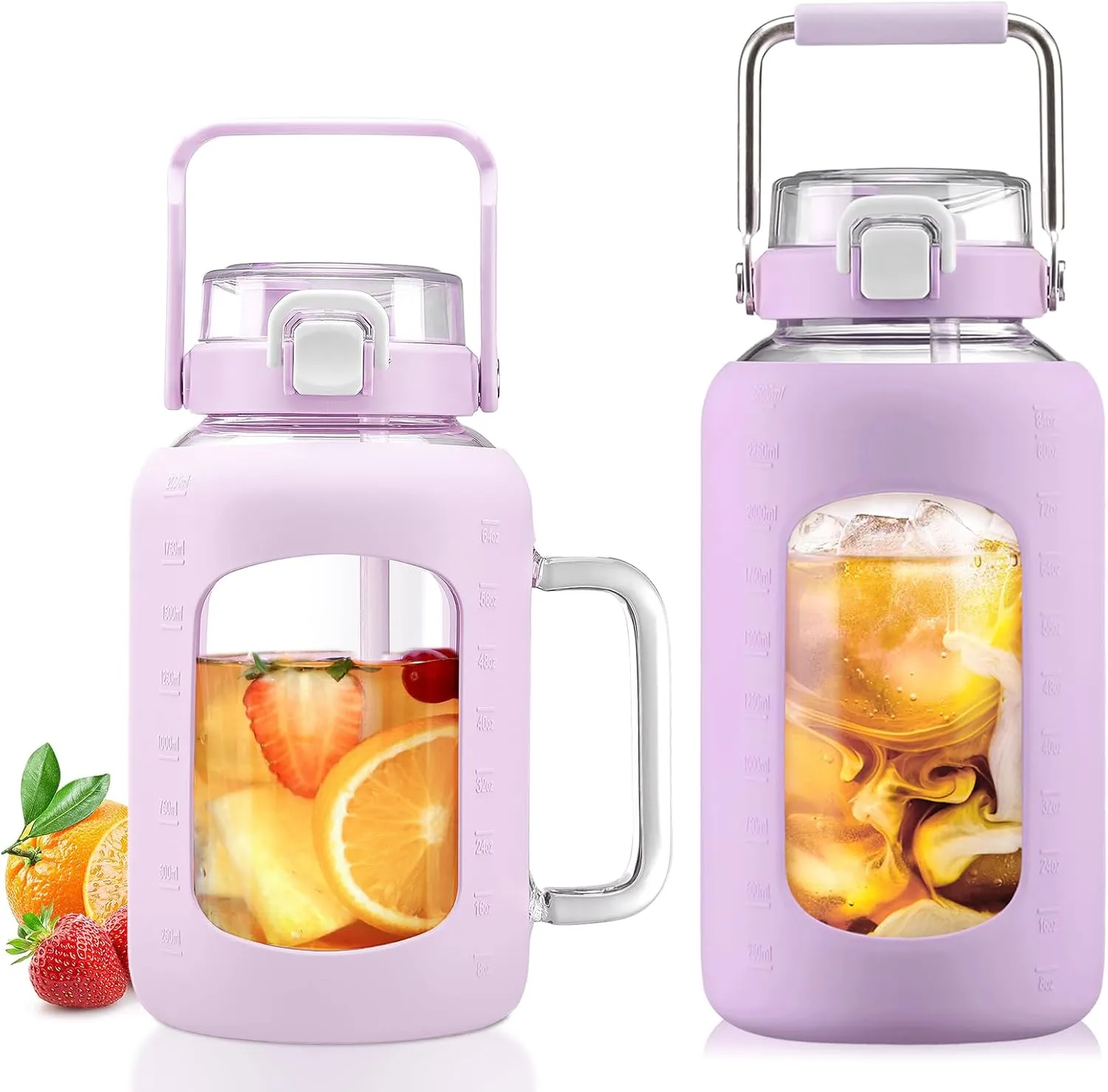 BLUEGO 64oz and 84oz Glass Water Bottles Bundle(64 Purple   84 Purple) with Straw and Lids Handle Large Water Tumbler with Sleeve, Glass Water Container, 2 Liter Water Jug Glass, BPA Free
