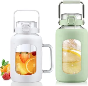 BLUEGO 64oz and 84oz Glass Water Bottles Bundle(64 White   84 LGreen) with Straw and Lids Handle Large Water Tumbler with Sleeve, Glass Water Container, 2 Liter Water Jug Glass, BPA Free