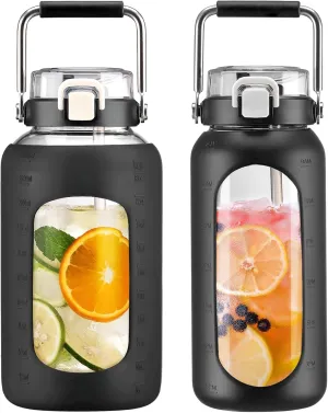 BLUEGO 84oz and 64oz Glass Water Bottles Bundle(84 Black   64 Black) with Straw and Stainless Steel Handle, Large Water Bottle with Sleeve, Half Gallon Water Jug, Glass Water Container, BPA Free