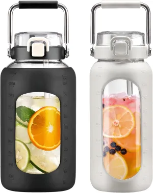 BLUEGO 84oz and 64oz Glass Water Bottles Bundle(84 Black   64 White) with Straw and Stainless Steel Handle, Large Water Bottle with Sleeve, Half Gallon Water Jug, Glass Water Container, BPA Free