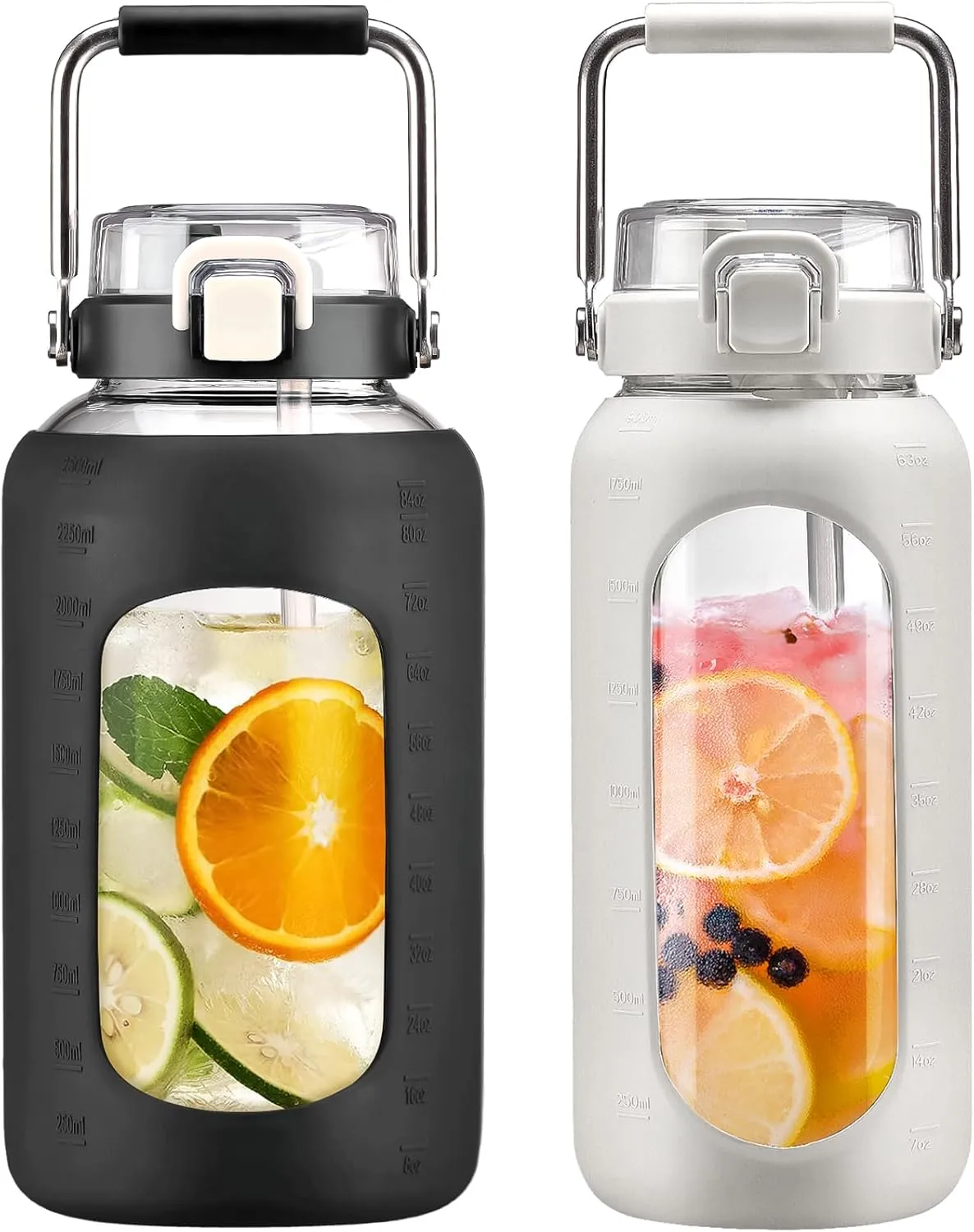 BLUEGO 84oz and 64oz Glass Water Bottles Bundle(84 Black   64 White) with Straw and Stainless Steel Handle, Large Water Bottle with Sleeve, Half Gallon Water Jug, Glass Water Container, BPA Free