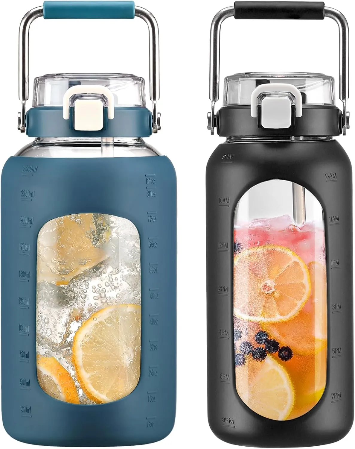 BLUEGO 84oz and 64oz Glass Water Bottles Bundle(84 Dark Blue   64 Black) with Straw and Stainless Steel Handle, Large Water Bottle with Sleeve, Half Gallon Water Jug, Glass Water Container, BPA Free