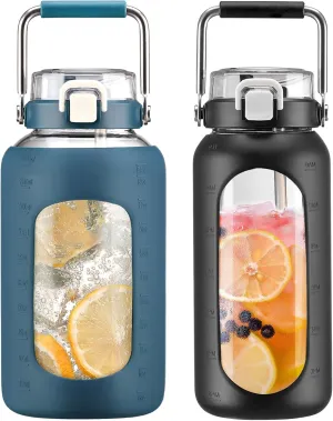 BLUEGO 84oz and 64oz Glass Water Bottles Bundle(84 Dark Blue   64 Black) with Straw and Stainless Steel Handle, Large Water Bottle with Sleeve, Half Gallon Water Jug, Glass Water Container, BPA Free