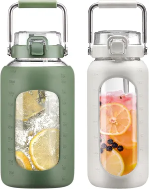 BLUEGO 84oz and 64oz Glass Water Bottles Bundle(84 Olive   64 White) with Straw and Stainless Steel Handle, Large Water Bottle with Sleeve, Half Gallon Water Jug, Glass Water Container, BPA Free