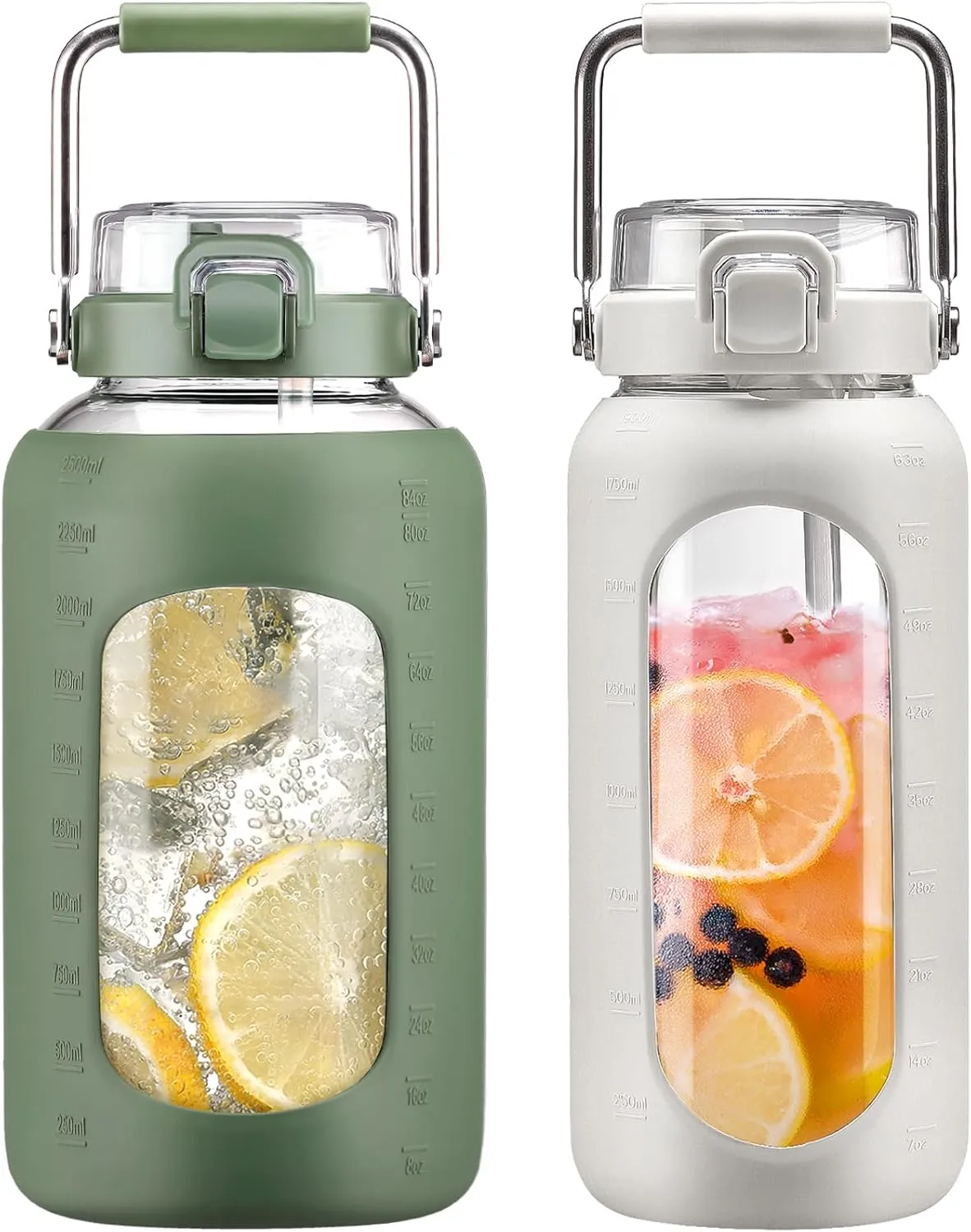 BLUEGO 84oz and 64oz Glass Water Bottles Bundle(84 Olive   64 White) with Straw and Stainless Steel Handle, Large Water Bottle with Sleeve, Half Gallon Water Jug, Glass Water Container, BPA Free