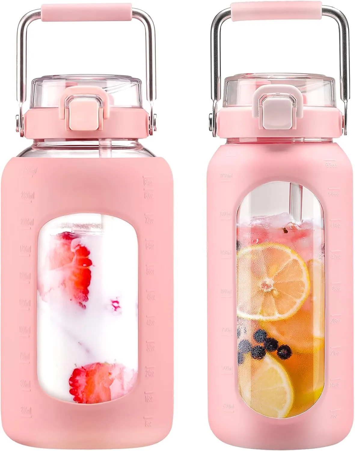 BLUEGO 84oz and 64oz Glass Water Bottles Bundle(84 Pink   64 Pink) with Straw and Stainless Steel Handle, Large Water Bottle with Sleeve, Half Gallon Water Jug, Glass Water Container, BPA Free