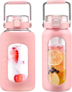 BLUEGO 84oz and 64oz Glass Water Bottles Bundle(84 Pink   64 Pink) with Straw and Stainless Steel Handle, Large Water Bottle with Sleeve, Half Gallon Water Jug, Glass Water Container, BPA Free