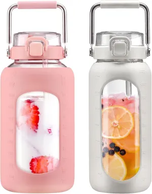 BLUEGO 84oz and 64oz Glass Water Bottles Bundle(84 Pink   64 White) with Straw and Stainless Steel Handle, Large Water Bottle with Sleeve, Half Gallon Water Jug, Glass Water Container, BPA Free