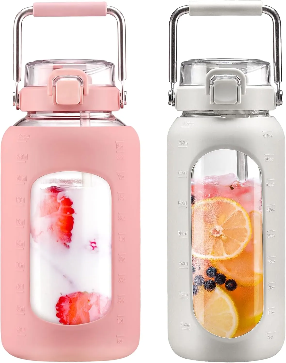 BLUEGO 84oz and 64oz Glass Water Bottles Bundle(84 Pink   64 White) with Straw and Stainless Steel Handle, Large Water Bottle with Sleeve, Half Gallon Water Jug, Glass Water Container, BPA Free