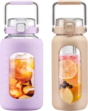 BLUEGO 84oz and 64oz Glass Water Bottles Bundle(84 Purple   64 Amber) with Straw and Stainless Steel Handle, Large Water Bottle with Sleeve, Half Gallon Water Jug, Glass Water Container, BPA Free