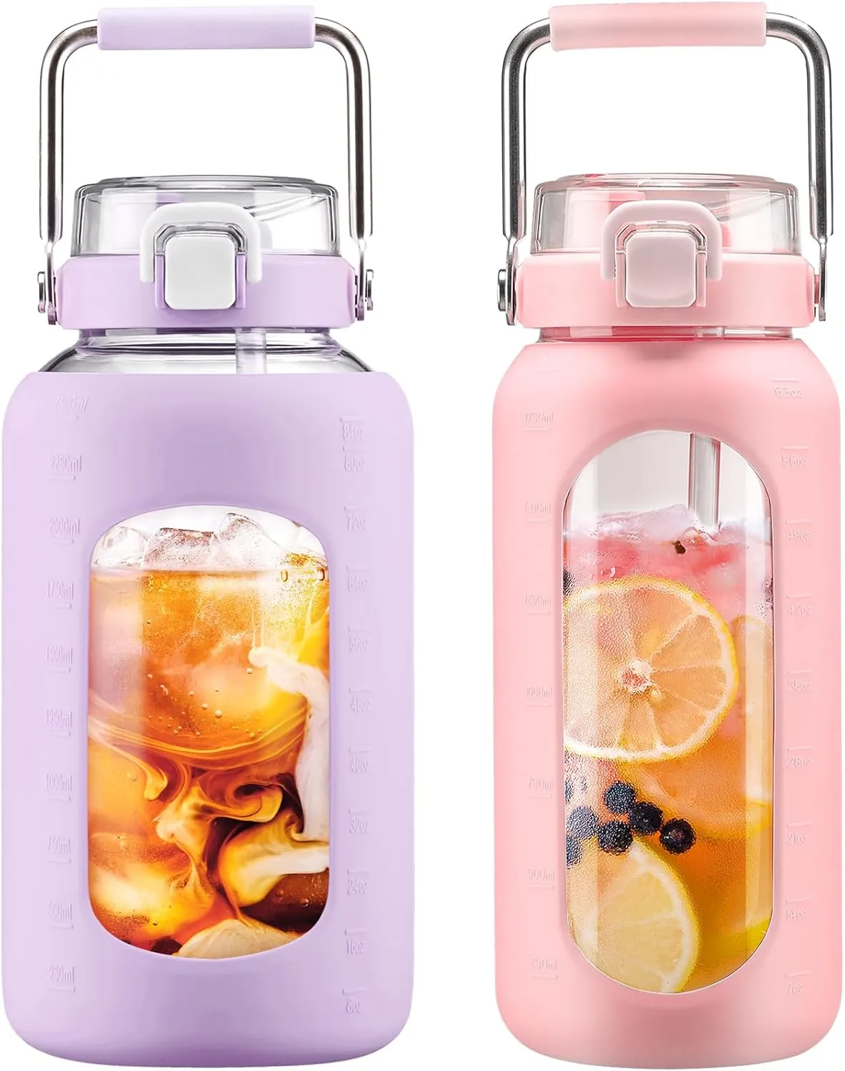 BLUEGO 84oz and 64oz Glass Water Bottles Bundle(84 Purple   64 Pink) with Straw and Stainless Steel Handle, Large Water Bottle with Sleeve, Half Gallon Water Jug, Glass Water Container, BPA Free