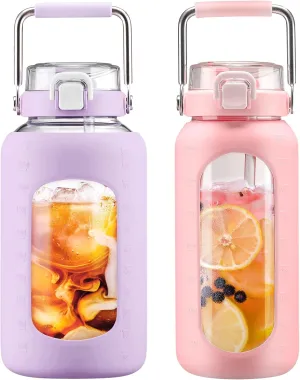 BLUEGO 84oz and 64oz Glass Water Bottles Bundle(84 Purple   64 Pink) with Straw and Stainless Steel Handle, Large Water Bottle with Sleeve, Half Gallon Water Jug, Glass Water Container, BPA Free