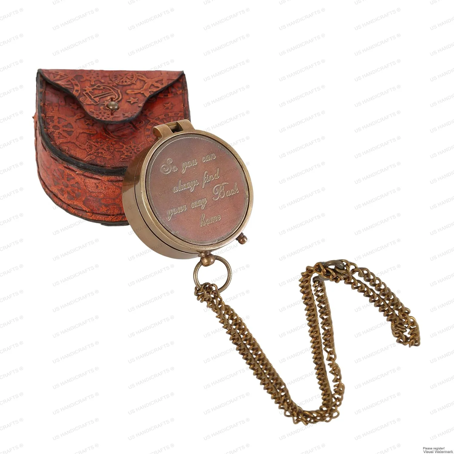 Brass Camping Compass, Engraved with Leather Case, Antique Finish, Perfect for Outdoor Adventures